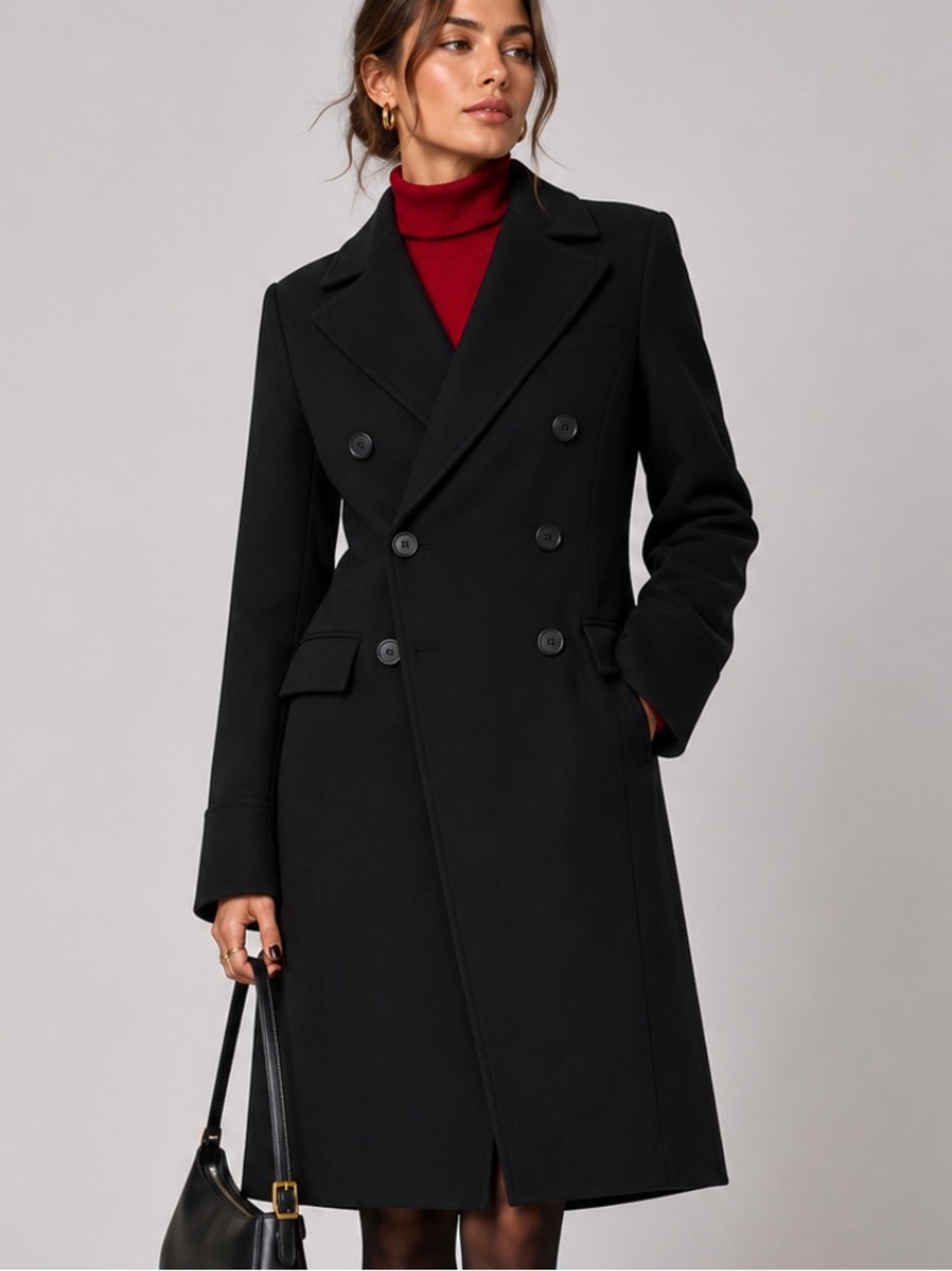 SPANX Tailored Double-Breasted Long Coat in Classic Black